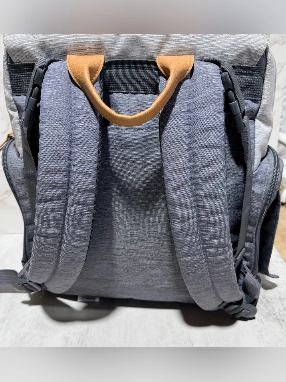 Eddie Bauer First Adventure Two-Tone Gray Diaper Backpack with Tan Accents